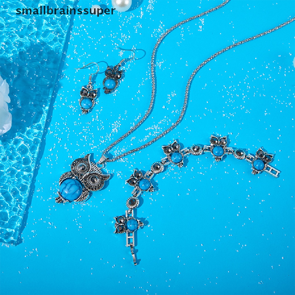 Bộ Trang Sức Dây Chuyền + Bông Tai + Vòng Tay Hình Cú Mèo Đính Đá Ngọc Lam Cổ Điển Cho Nữ SBS