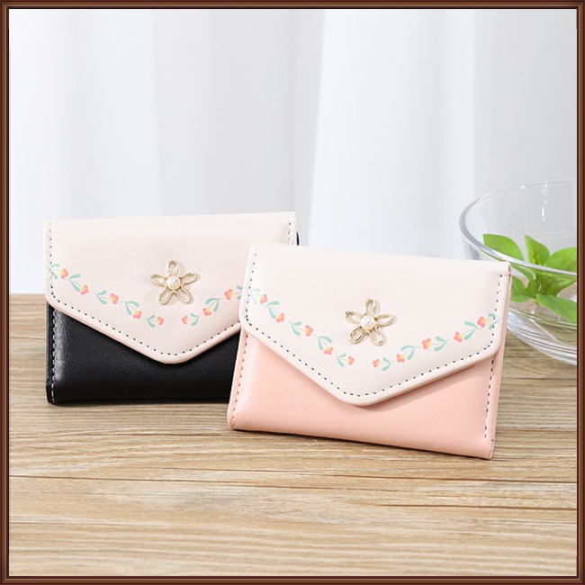 Ví Ngắn Dạng Gập Làm Ba Đựng Thẻ / Tiền Xu Họa Tiết Hoa Ngọt Ngào Dễ Thương Cho Nữ