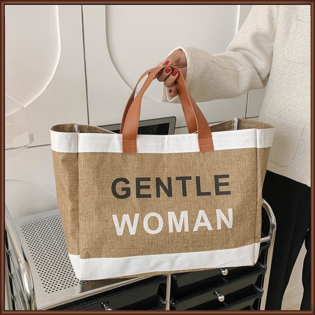 Túi Xách Tote Chất Liệu Cotton Lanh Màu Sắc Tương Phản Sức Chứa Lớn Thời Trang