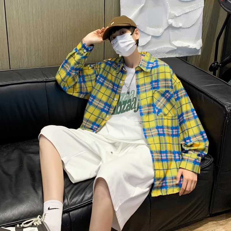 Áo Sơ Mi Khoác Ngoài Dài Tay Dáng Rộng Họa Tiết Sọc Caro Cao Cấp Thời Trang Cho Nam