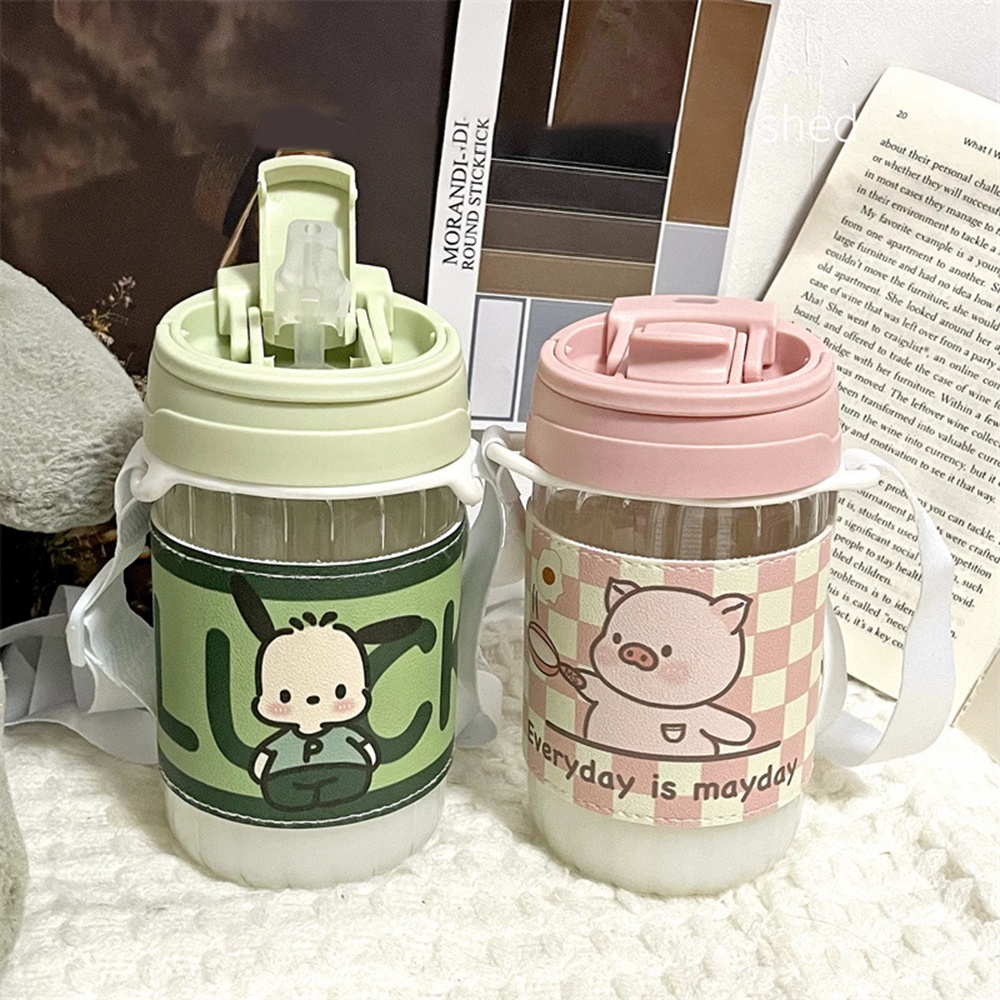 Cốc Uống Nước Bằng Thủy Tinh Chống Bỏng Kèm Ống Hút Và Vỏ Da Cho Hoạt Động Thể Thao Ngoài Trời