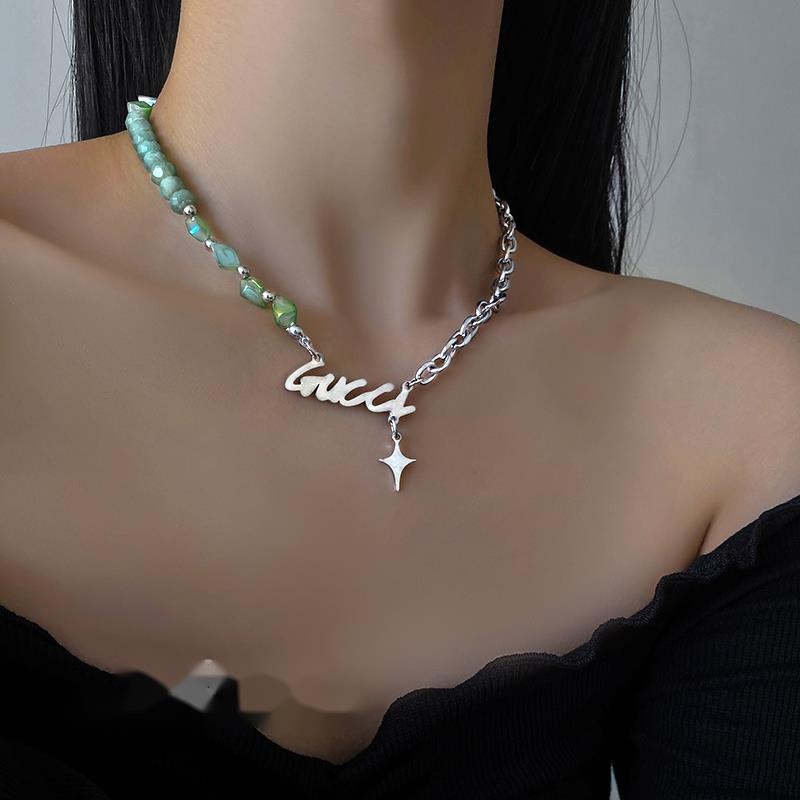 Vòng cổ Thép Titan Đính Đá Ngọc Bích Phong Cách hip hop Thời Trang Cho Nam Và Nữ