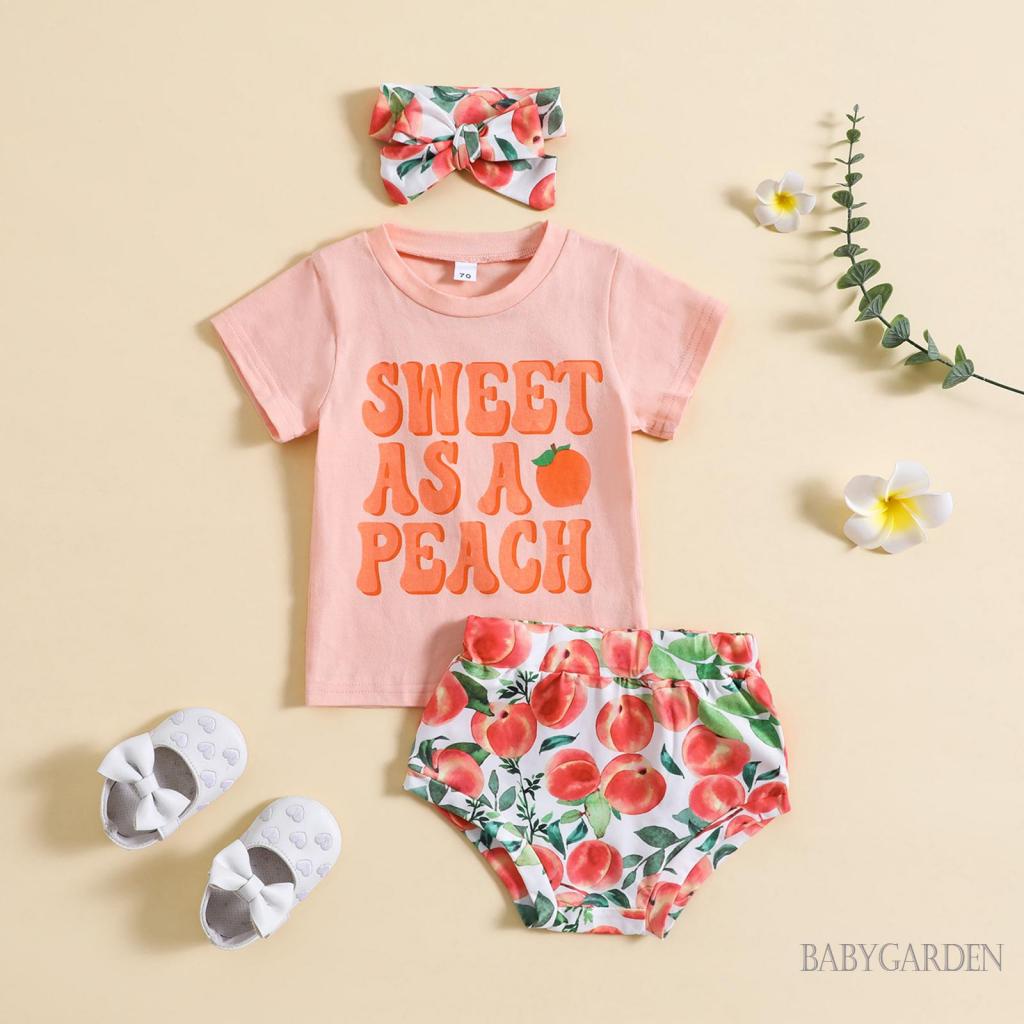 Set Áo Thun Tay Ngắn In Chữ + Quần Short In Họa Tiết Trái Đào + Băng Đô Cài Tóc Thời Trang Cho Bé Gái 0-3 Tuổi