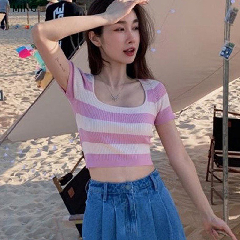 Áo Croptop Dệt Kim Ngắn Tay Cổ Vuông Họa Tiết Kẻ Sọc Phong Cách Retro
