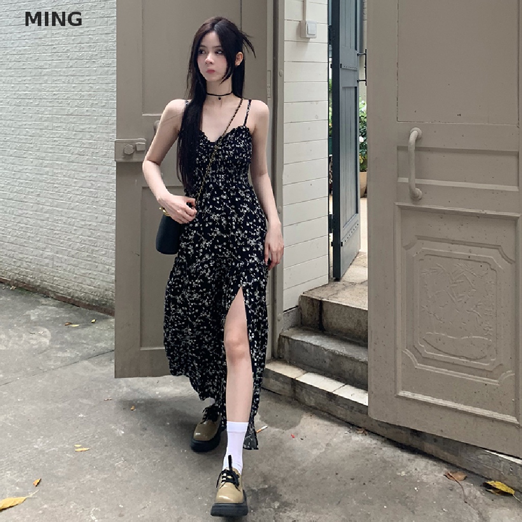 Đầm Hai Dây Cổ Chữ V Hở Lưng In Họa Tiết Hoa Màu Đen Thời Trang Mùa Hè Dành Cho Nữ