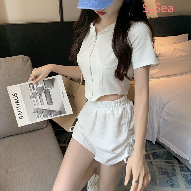 Set Áo Hoodie Có Khóa Kéo + Quần Short Rút Dây Thời Trang Nữ