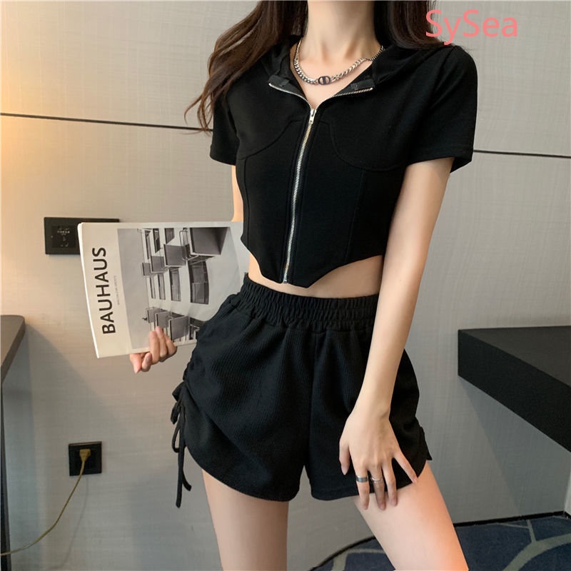 Set Áo Hoodie Có Khóa Kéo + Quần Short Rút Dây Thời Trang Nữ