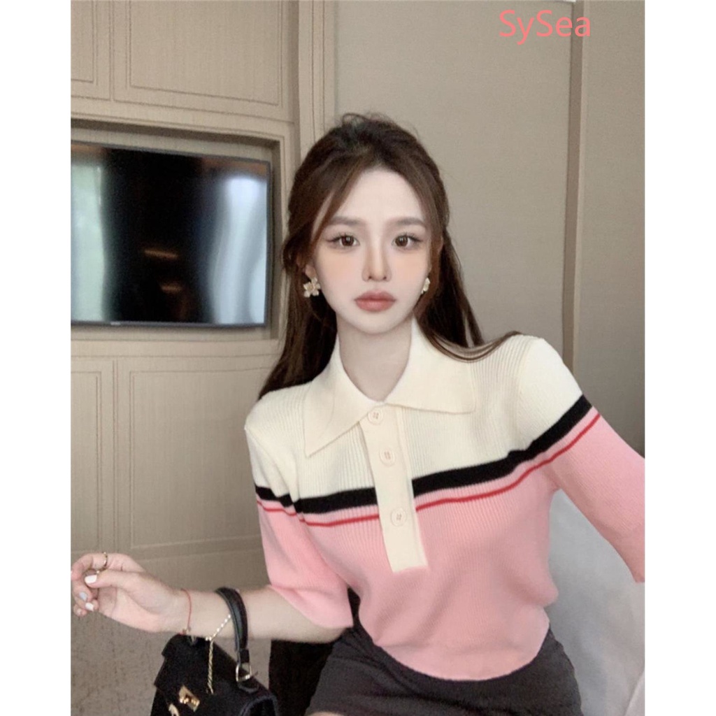 Áo Polo Dệt Kim Kẻ Sọc Thời Trang Mùa Hè Cho Nữ