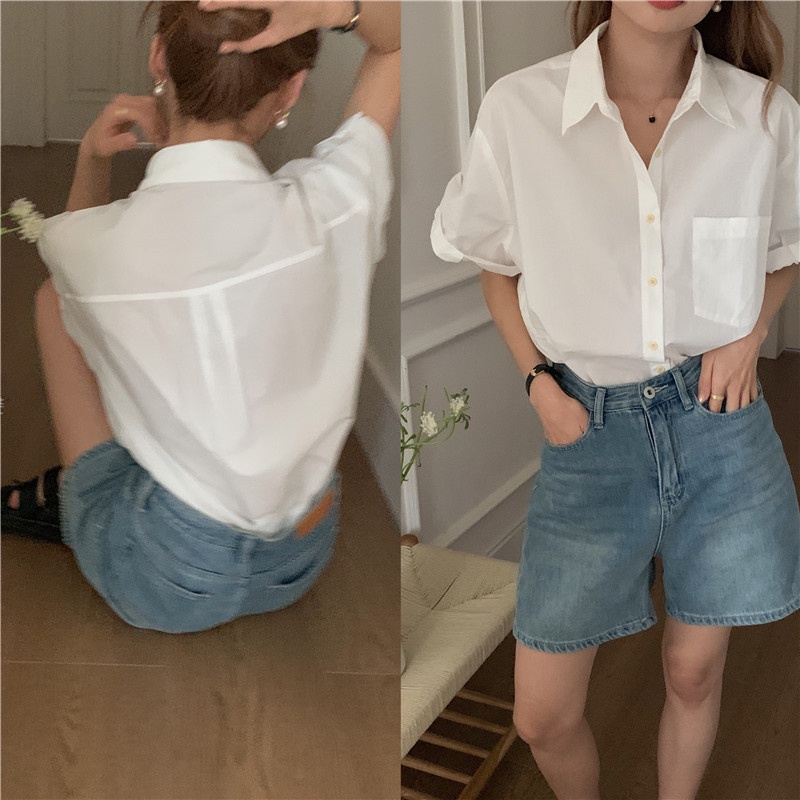 Áo Sơ Mi Tay Ngắn Dáng Rộng Màu Sắc Đơn Giản Phong Cách Hàn Quốc Thời Trang Mùa Hè Cho
