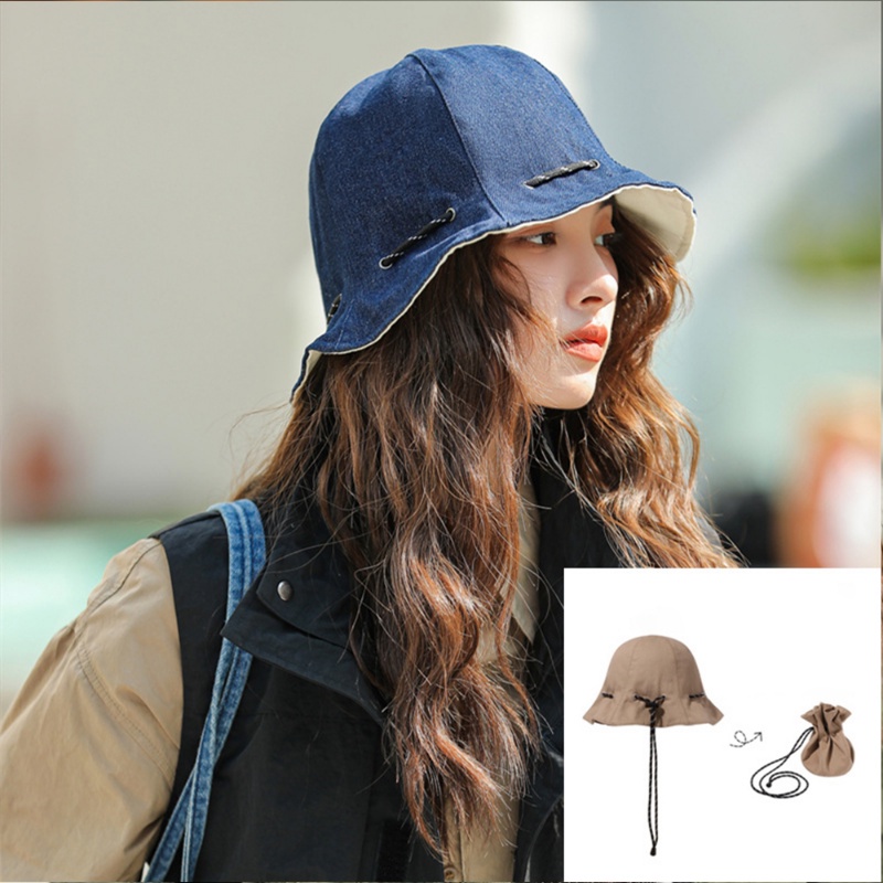Nón Tai Bèo Vải Jean Hai Mặt Mềm Gấp Gọn Có Dây Rút Chống Nắng Đa Năng Thời Trang Mùa Hè Cho Nam Và Nữ