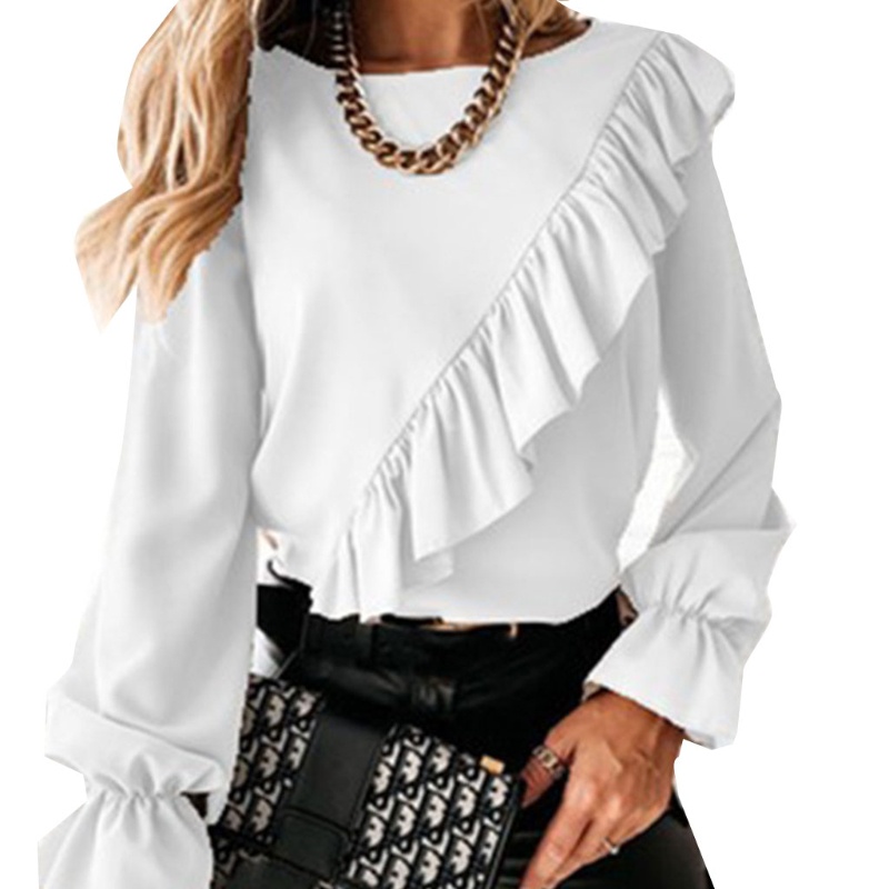 Áo Kiểu Cổ Tròn Tay Dài Loe Dài Phối Bèo Thời Trang Mùa Hè Xinh Xắn Cho Nữ