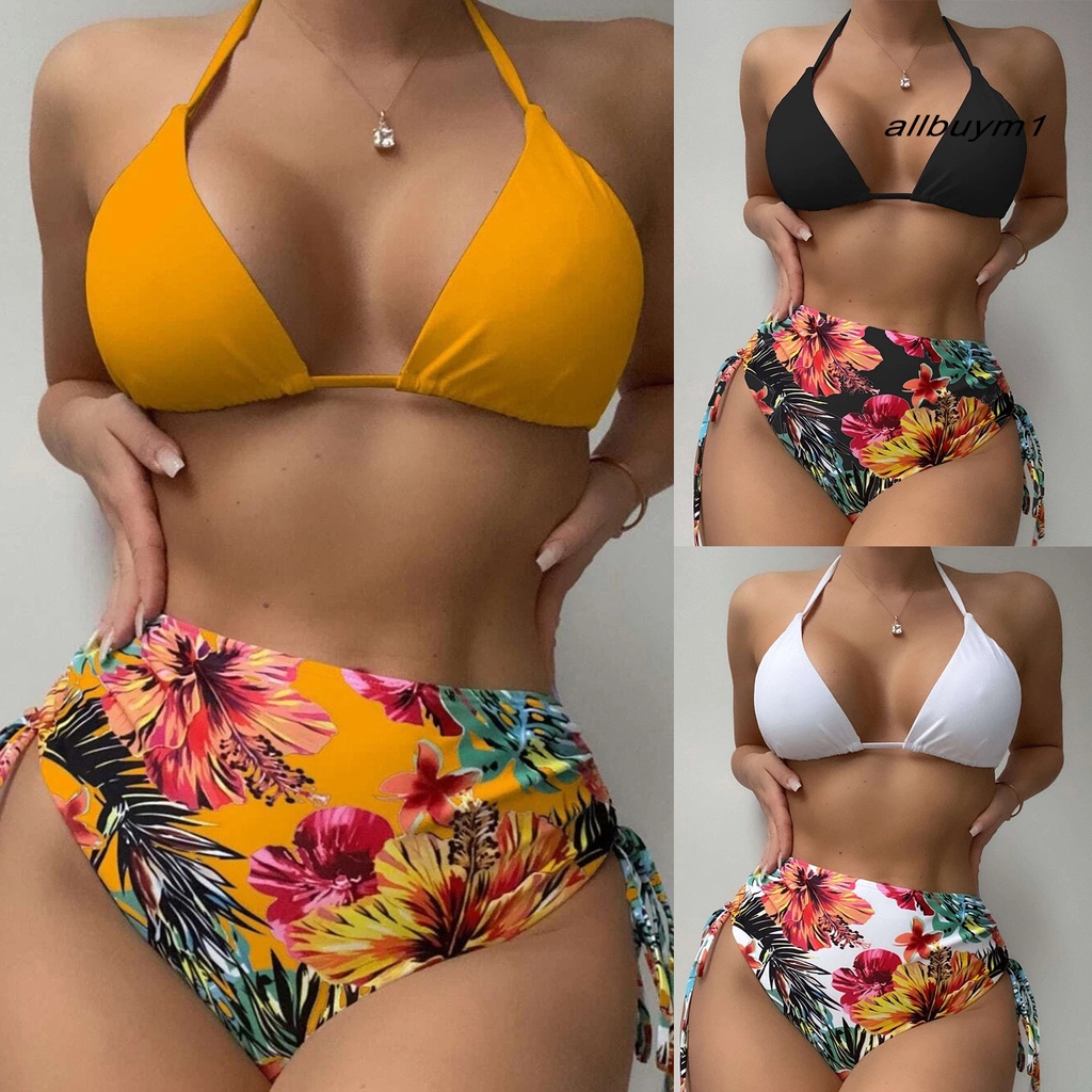 Bộ Bikini 3 Mảnh Lưng Cao Màu Trơn In Họa Tiết Hoa Có Dây Rút Thời Trang Quyến Rũ Cho Nữ