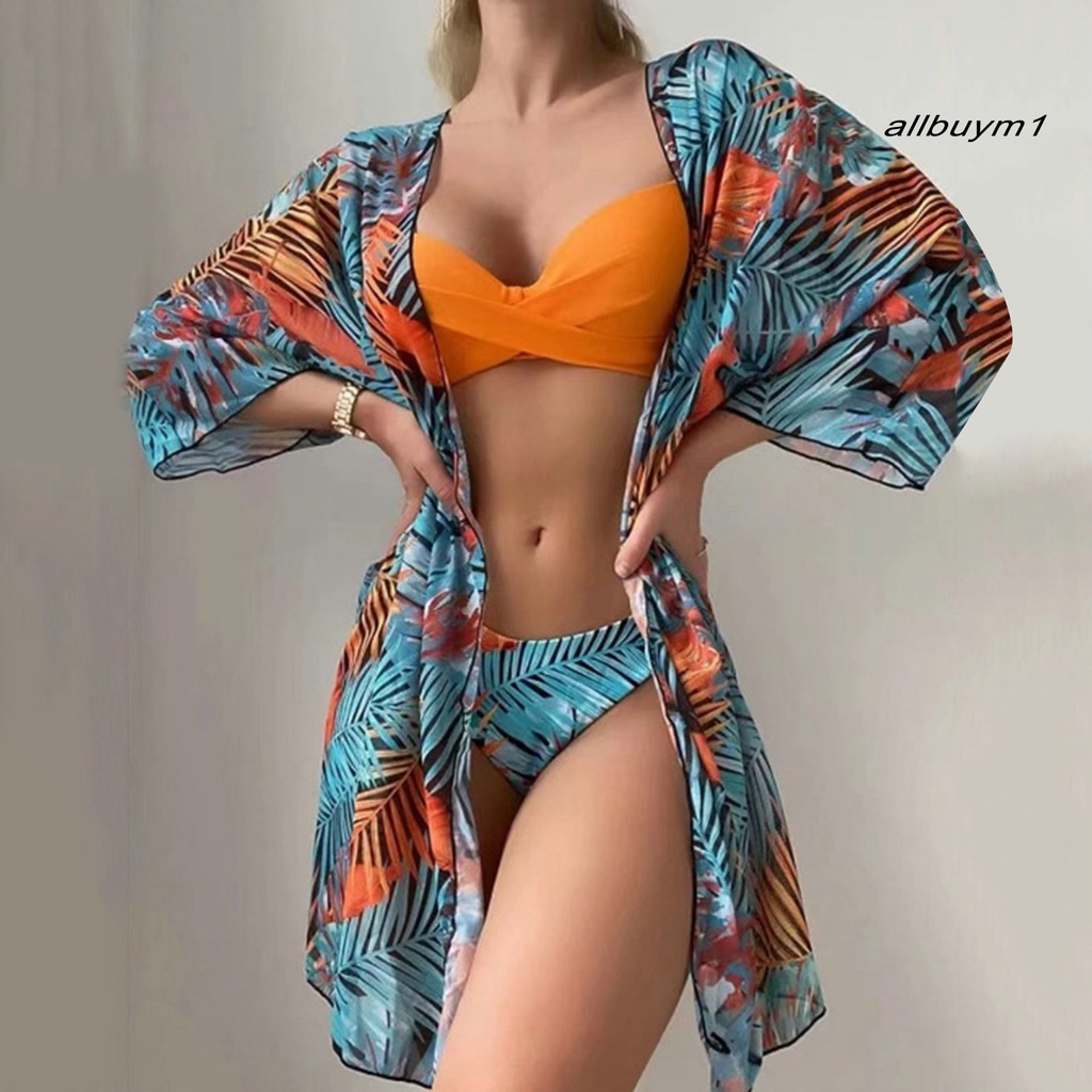 Bộ Bikini 3 Món Gồm Áo Cardigan Dài Tay Và Quần Lót Màu Trơn In Họa Tiết Lá Cây Gợi Cảm