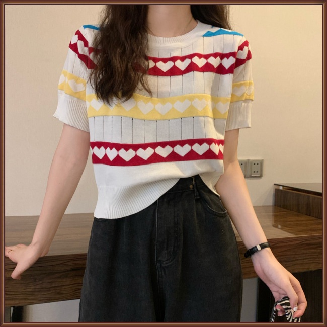 Áo Dệt Kim Ngắn Tay Dáng Rộng Màu Sắc Tương Phản Họa Tiết Trái Tim Thời Trang Mùa Hè Cho Nữ