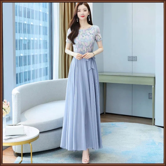 Đầm Midi Tay Ngắn Cổ Tròn Màu Sắc Tương Phản Thời Trang Mùa Hè Tinh Tế Cho Nữ