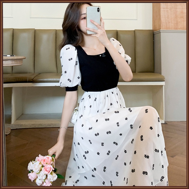 Đầm Voan Hoa Ngắn Tay Lưng Cao Thời Trang Retro Pháp Dành Cho Nữ