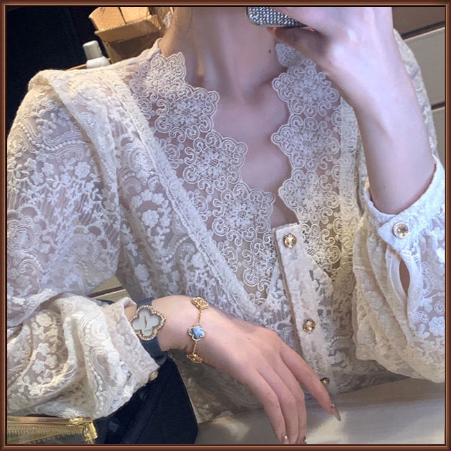 Áo Sơ Mi Chiffon Tay Dài Phồng Cổ Chữ V Màu Sắc Ngọt Ngào Cho Nữ