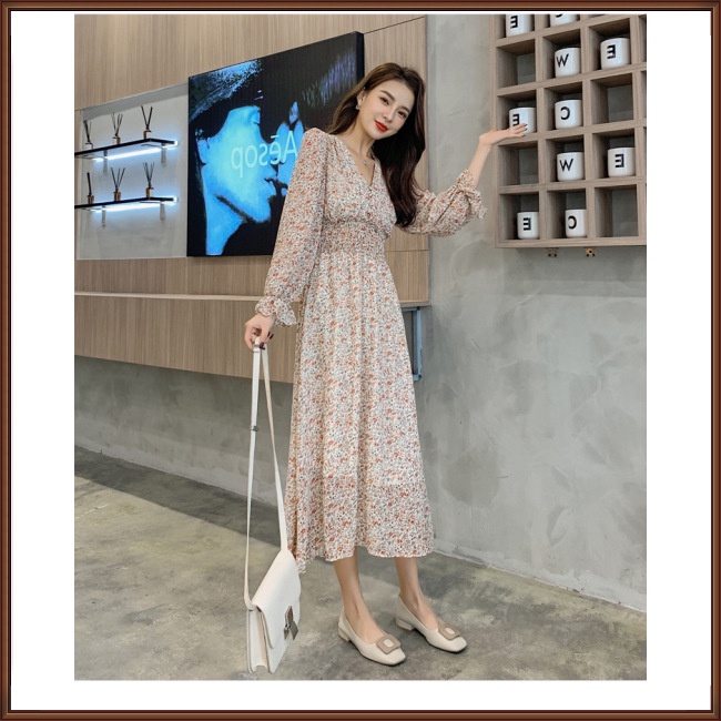 Đầm Chiffon Tay Dài Cổ Chữ V In Họa Tiết Hoa Ngọt Ngào Thời Trang Cho Nữ