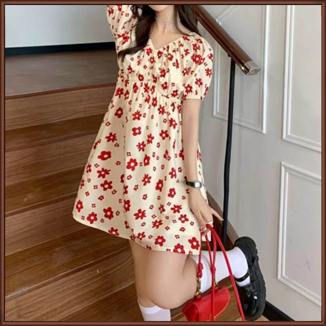 Đầm Chữ A Tay Phồng Ngắn Lưng Cao Cổ Chữ V In Họa Tiết Hoa Sơn Dầu Thời Trang Mùa Hè Cho Nữ