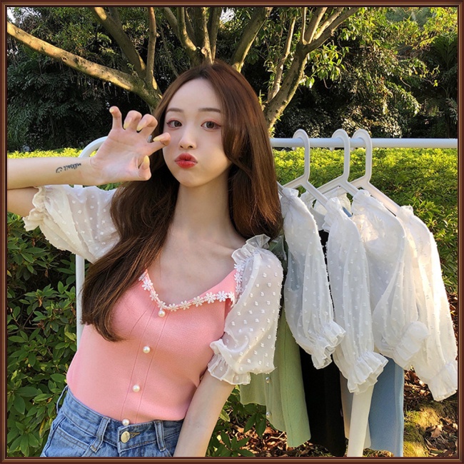 Áo Sweater Dệt Kim Tay Ngắn Phồng Cổ Chữ V Phối Ren Màu Sắc Thời Trang Cho Nữ