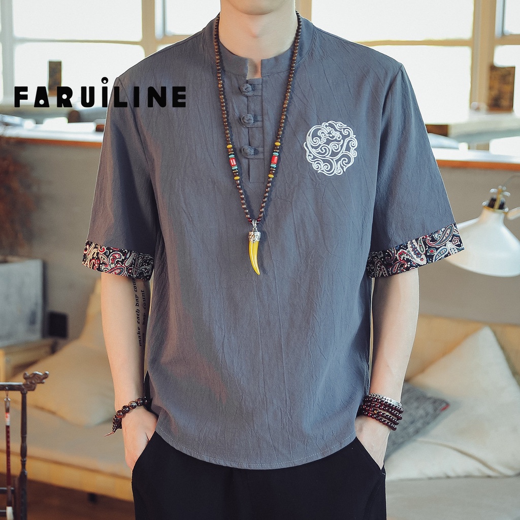 Áo Sơ Mi Nam Vải Lanh Cotton Tay Ngắn Cài Nút Đĩa Phong Cách Trung Hoa Retro Fru492