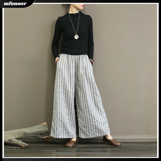 Quần Cotton Lanh Ống Rộng Thoáng Khí Họa Tiết Kẻ Sọc Hợp Thời Trang Cho Nữ