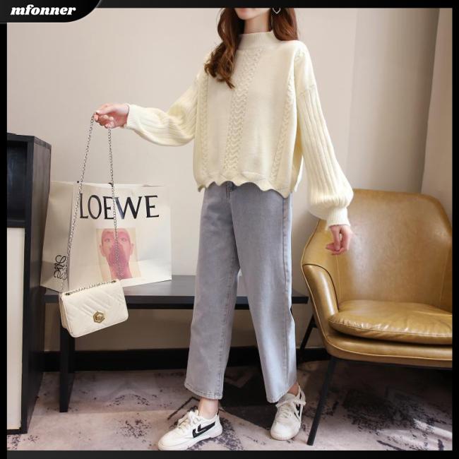 Áo Sweater Dệt Kim Tay Phồng Cổ Lọ Dáng Rộng Thời Trang Cho Nữ