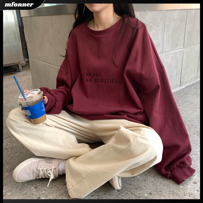 Áo Nỉ Nữ Dài Tay Cổ Tròn In Chữ Đơn Giản Thời Trang