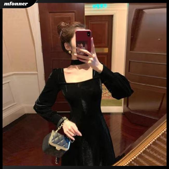 Đầm Nhung Tay Dài Cổ Vuông Màu Sắc Thời Trang Cho Nữ