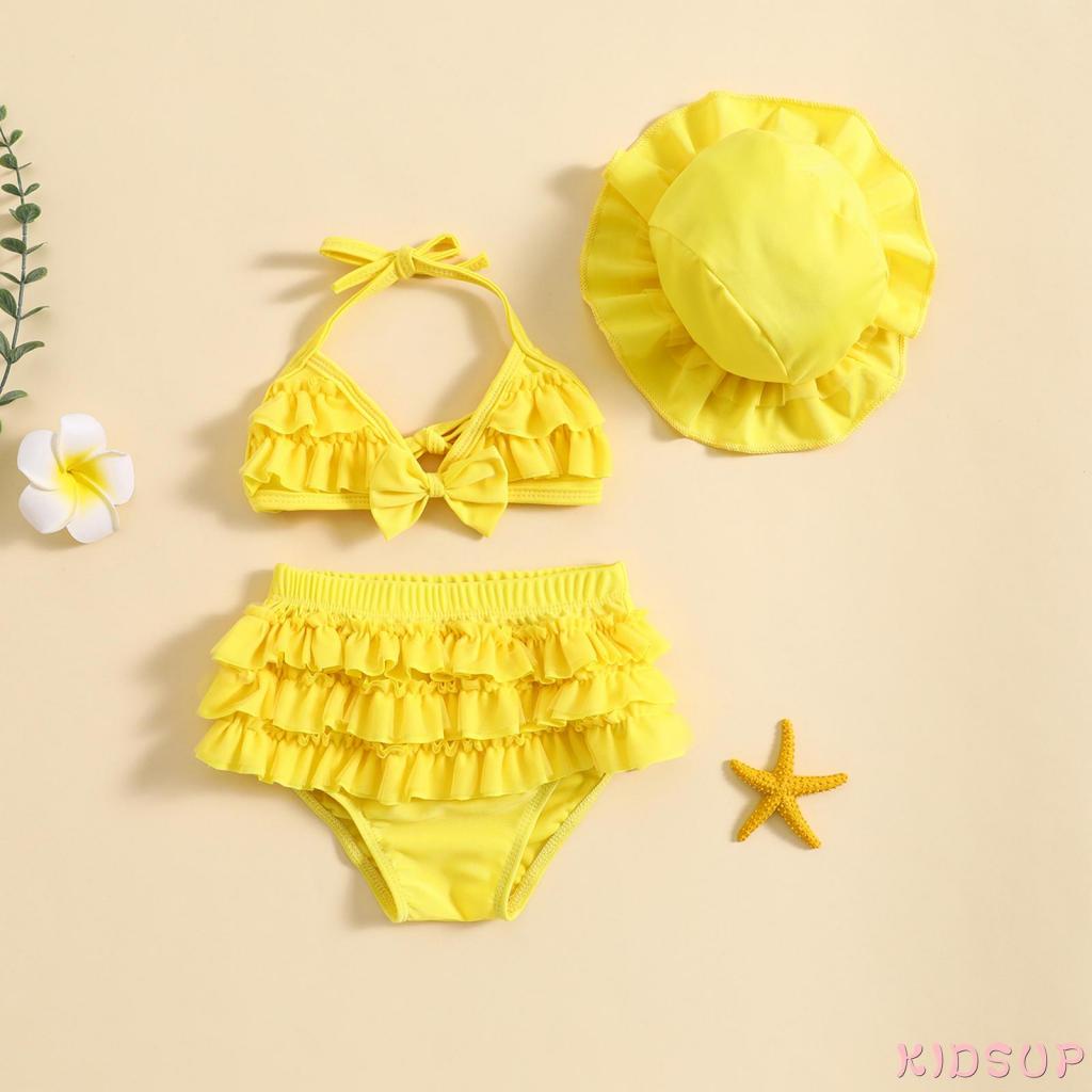 Set Đồ Bơi 1 Món Gồm Áo Cổ Treo + Quần Ngắn Nhiều Lớp + Mũ Thời Trang Mùa Hè Cho Bé Gái