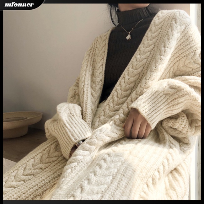 Áo Khoác Cardigan Dệt Kim Dày Dáng Dài Rộng Màu Trơn Đơn Giản Thời Trang Cho Nữ