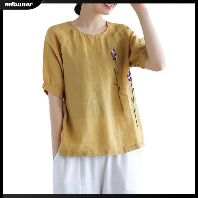 Áo Kiểu Tay Ngắn Chất Liệu Cotton Lanh Thêu Họa Tiết Hoa Phong Cách Cổ Điển Cho Nữ