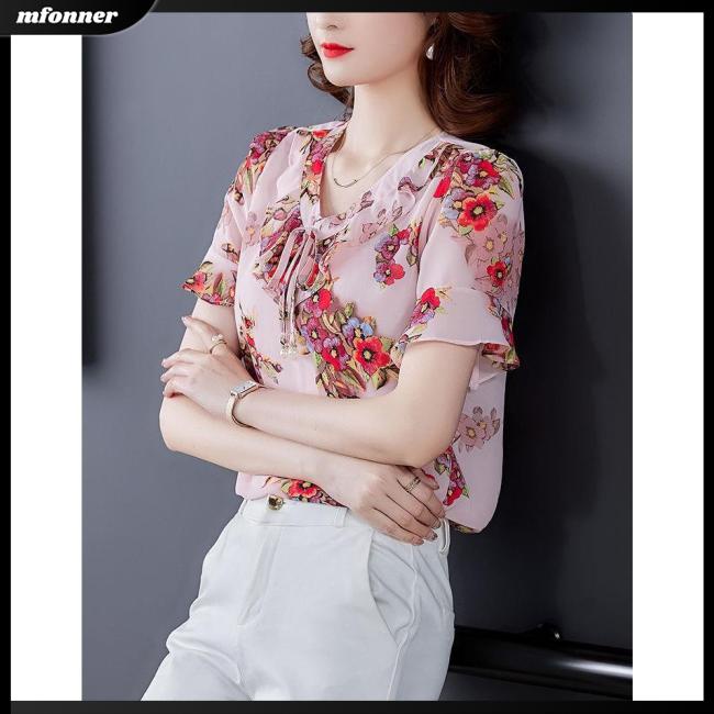 Áo Sơ Mi Chiffon Tay Ngắn Cổ Chữ V In Họa Tiết Hoa Thời Trang Mùa Hè Cho Nữ