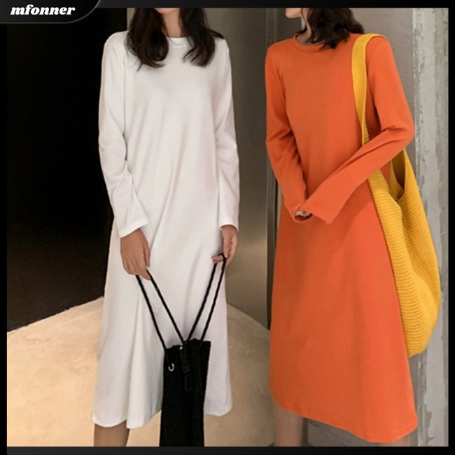 Đầm Midi Chữ A DàI Tay Cổ TròN ThờI Trang