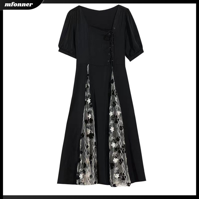 Đầm Tay Ngắn Cổ Vuông Phối Lưới Cỡ Lớn Thời Trang Xinh Xắn Cho Nữ