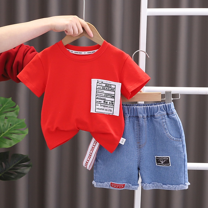 Set Đồ Mùa Hè 2 Món Gồm Áo Thun Tay Cộc In Chữ In Họa Tiết + Quần Ngắn Denim Cho Bé Trai 0-6 Tuổi