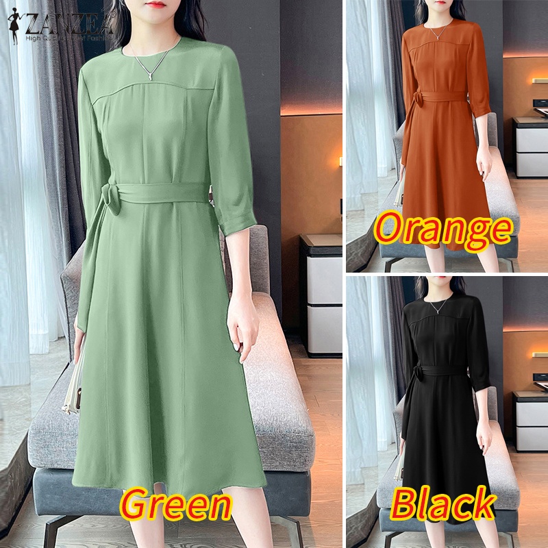 Đầm midi ZANZEA cổ tròn tay 3/ 4 thời trang cho nữ