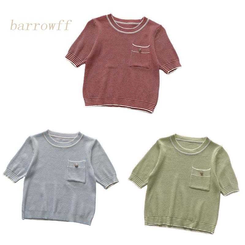 Áo Croptop Dệt Kim Mỏng Tay Ngắn Cổ Tròn Dáng Rộng Màu Trơn Phối Túi Họa Tiết Kẻ Sọc Màu Sắc Ngọt Ngào Thời Trang Cho Nữ