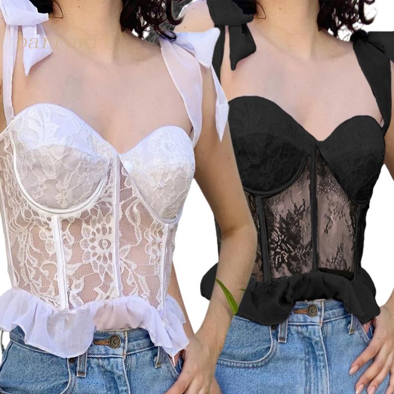 Áo Lửng Hai Dây Viền Ren Hoa Xuyên Thấu Gợi Cảm Cho Nữ