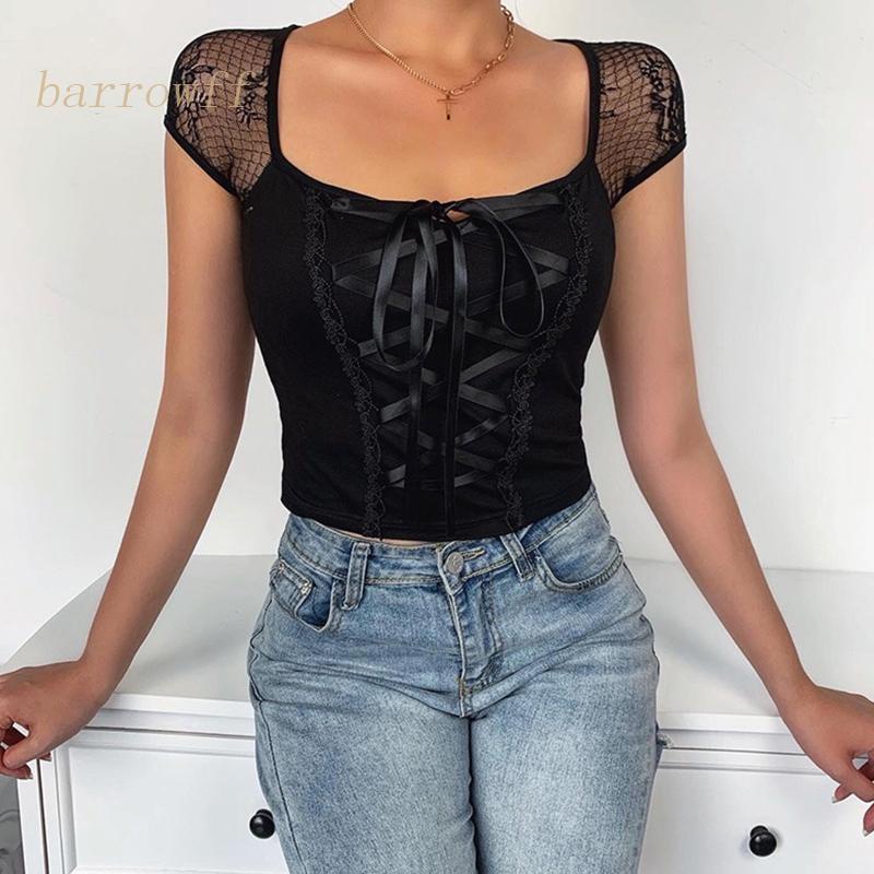 Áo Crop Top Tay Ngắn Cổ Vuông Phối Ren Gợi Cảm Cho Nữ