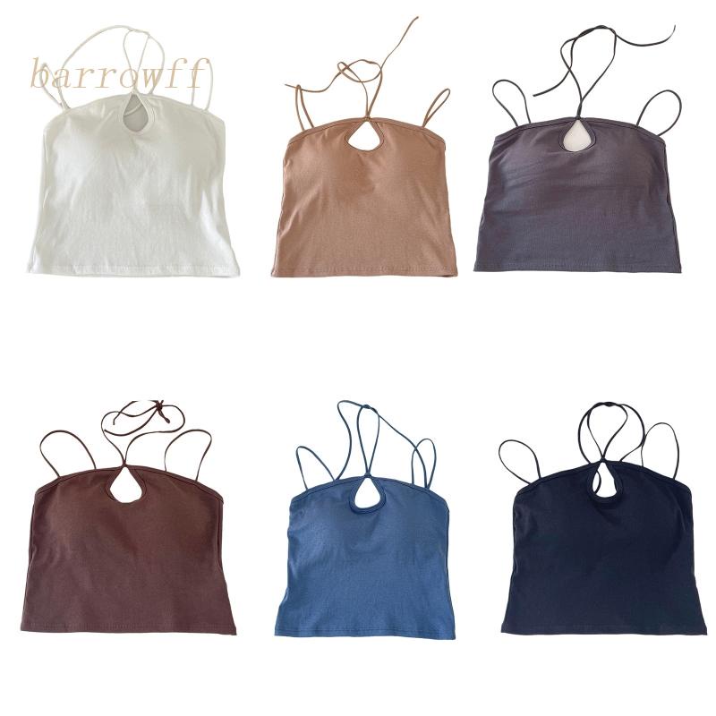 Brroa Áo Crop Top Hai Dây Cotton Cơ Bản Với Đệm Ngực Khoét Lỗ Khóa Chéo Màu Trơn Gợi Cảm Cho Nữ