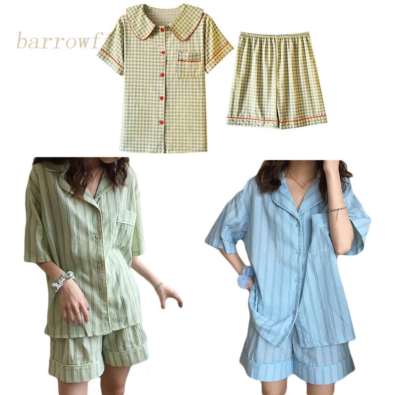 Bộ Đồ Ngủ 2 Món Áo Tay Ngắn Cổ Bẻ Cài Khuy + Quần Dài Dáng Rộng In Họa Tiết Kẻ Sọc Thời Trang Cho Nữ