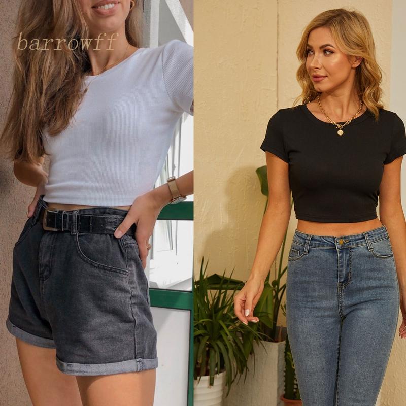 Áo Croptop Dệt Kim Tay Ngắn Cổ Tròn Màu Sắc Đơn Giản Cho Nữ