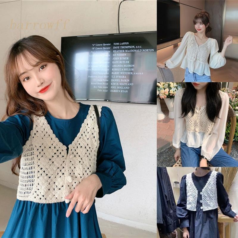 Áo Peplum Dệt Kim Tay Dài Phồng Cổ Chữ V Phối Bèo Thời Trang Cho Nữ
