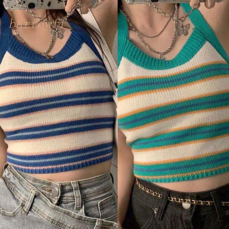 Áo Croptop Dệt Kim Hở Lưng Dáng Ôm Họa Tiết Kẻ Sọc Màu Tương Phản Thời Trang Mùa Hè Quyến Rũ Cho Nữ