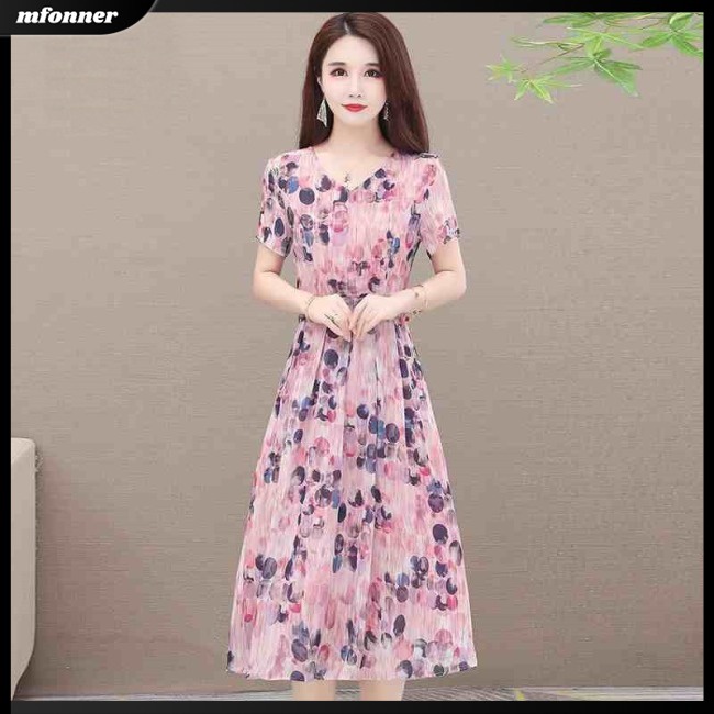 Đầm Midi Chữ A Tay Ngắn Cổ Chữ V Vải Lụa Lạnh In Hoa Thời Trang Mùa Hè Cho Bạn Gái