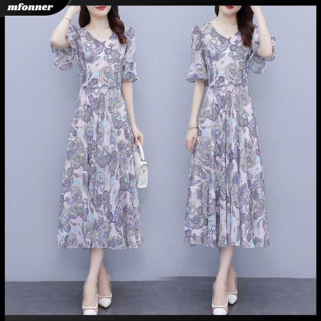 Đầm Midi Tay Ngắn Cổ Chữ V Vải Lụa Lạnh In Hoa Eo Thun Thời Trang Mùa Hè Cho Bạn Gái