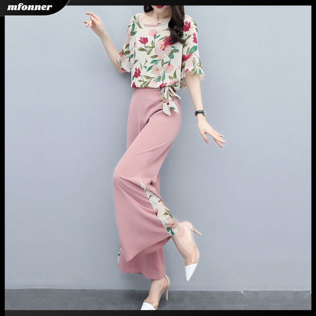 Set Đồ 2 Món Áo Thun In Họa Tiết + Quần Dài Ống Rộng Thời Trang Cho Nữ