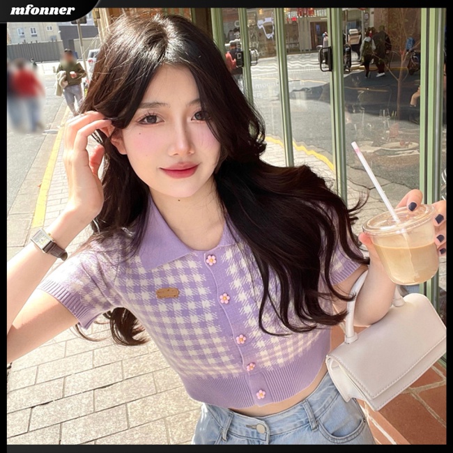 Áo Croptop Dệt Kim Tay Ngắn Cổ Bẻ Họa Tiết Sọc Caro Thời Trang Cho Nữ