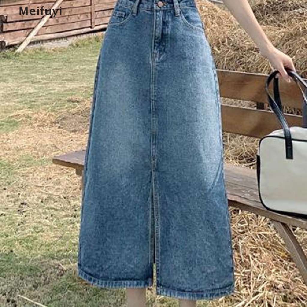 [Meifuyi] Chân Váy Denim Quấn Eo Cao Xẻ Tà Phía Trước Dáng Thẳng Vintage 2023 Mới Cho Nữ